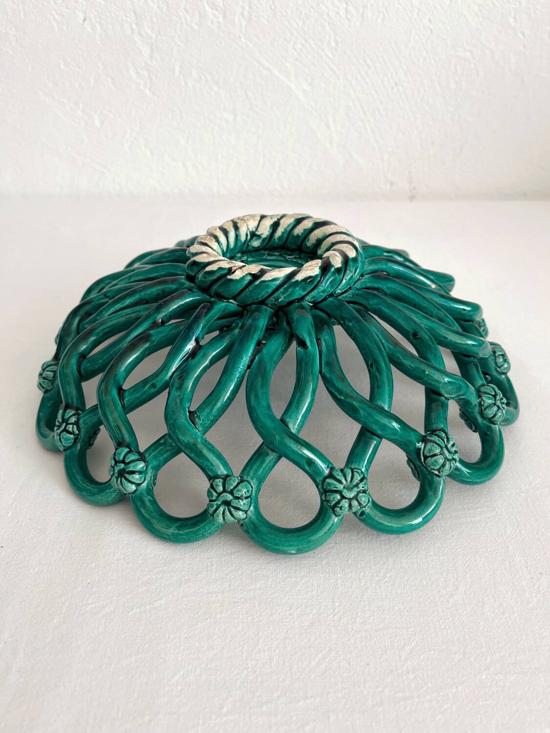 Vintage Vallauris green woven ceramic fruit bowl