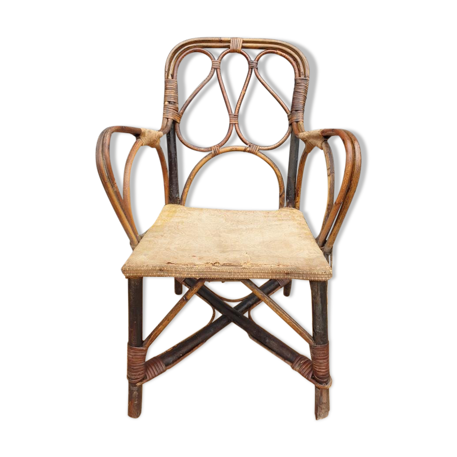 Children's armchair 1890 Chestnut, Rattan and damask velvet