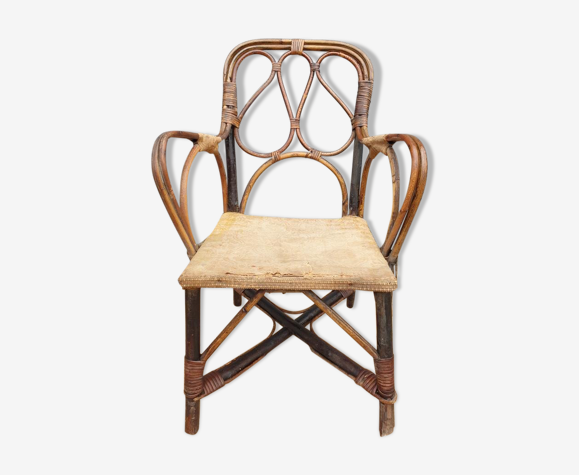 Fauteuil enfant 1890 châtaigner, rotin et velours damassé