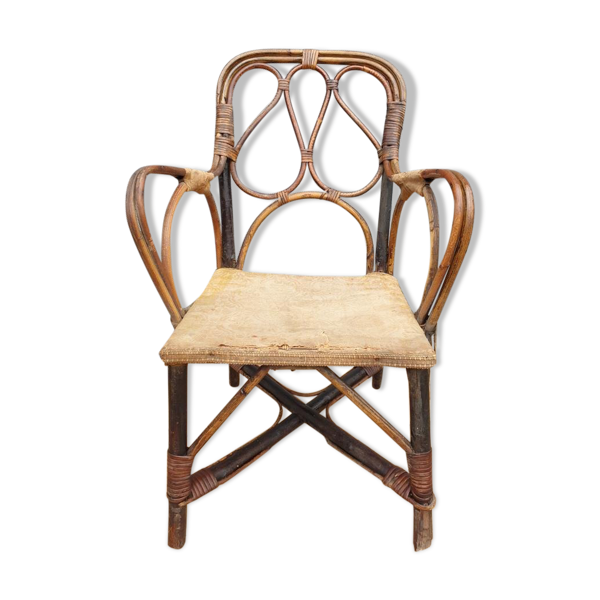 Fauteuil enfant 1890 châtaigner, rotin et velours damassé