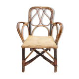 Fauteuil enfant 1890 châtaigner, rotin et velours damassé