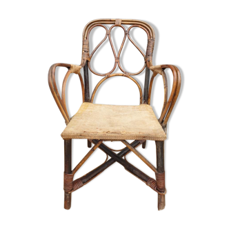 Fauteuil enfant 1890 châtaigner, rotin et velours damassé