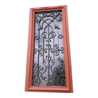 Cadre fenêtre 179x88cm noyer chêne grille fer forgé panneau vitré ouvrant