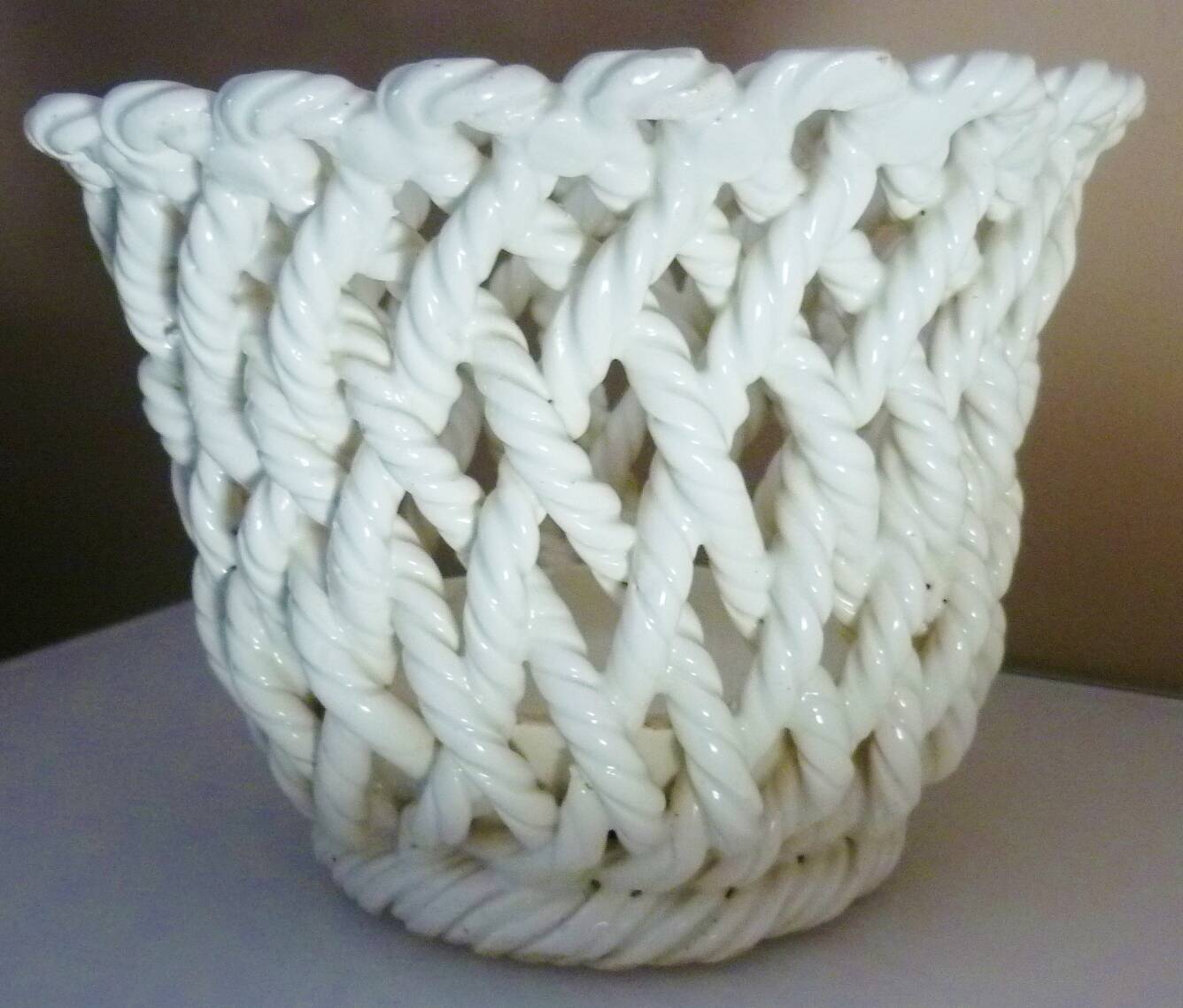 White enameled ceramic pot cover, braided, openwork, vintage