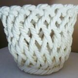 White enameled ceramic pot cover, braided, openwork, vintage