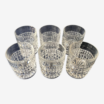 Six diamond-tipped cut glass cups