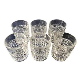Six diamond-tipped cut glass cups