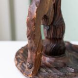 Brutalist carved wood candle holder, dark brown with lighter highlights, made in Italy, 1940s