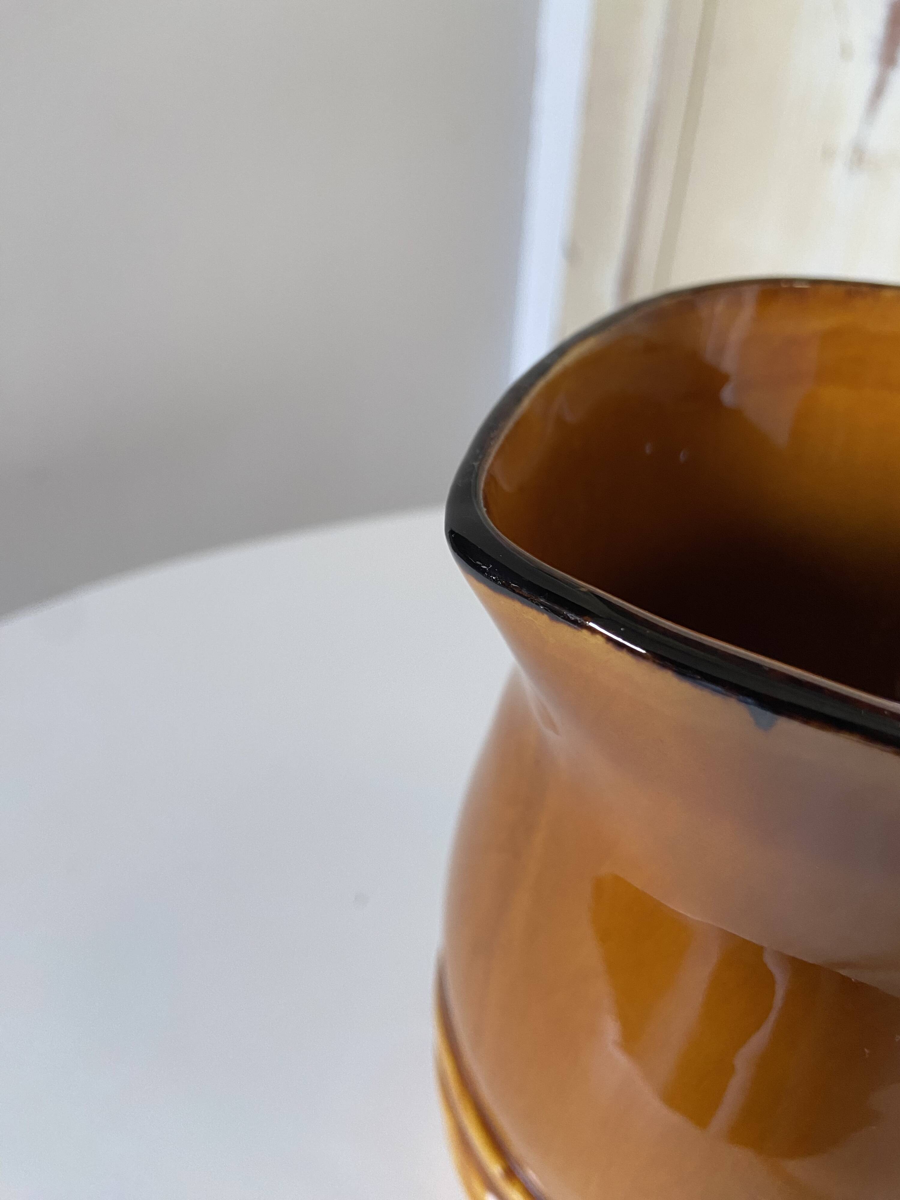 Vintage pitcher carafe Water pot, jug, enamelled ceramic PL France corrugated