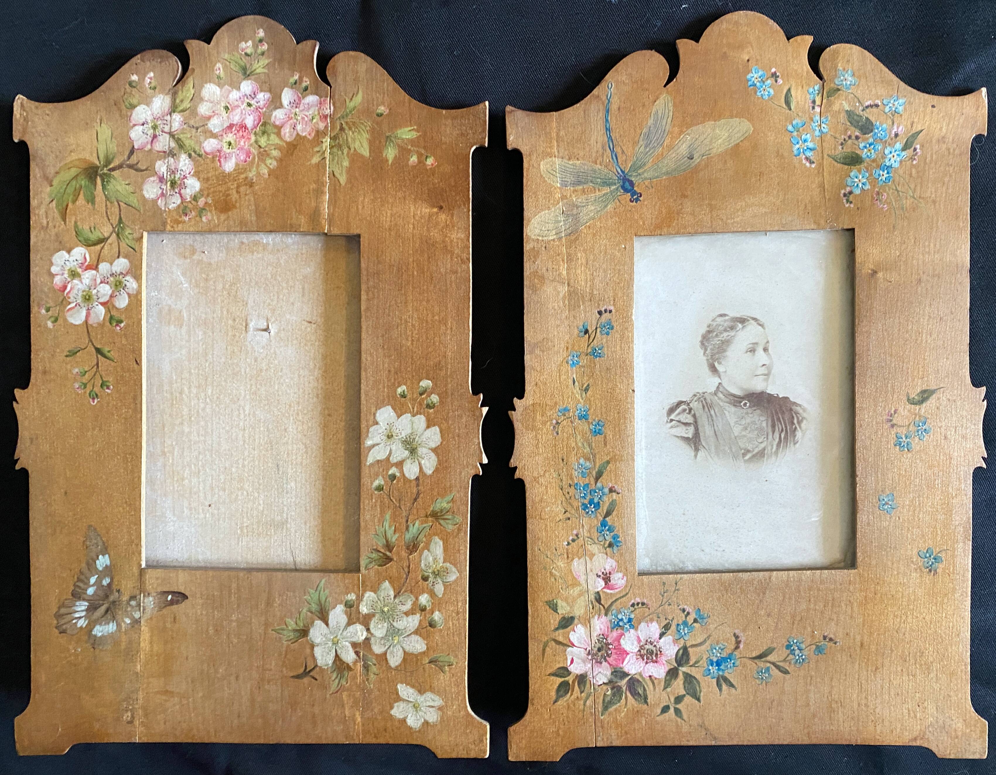 Pair of frames art nouveau circa 1900 dragonfly and flowers for restoration