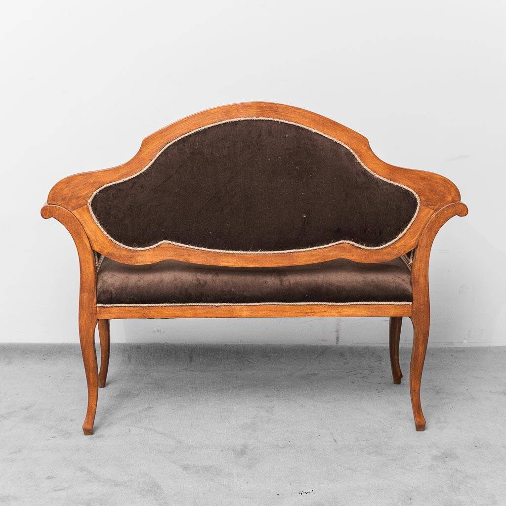 Vintage bench in brown velvet and carved wood, 1950s modernism