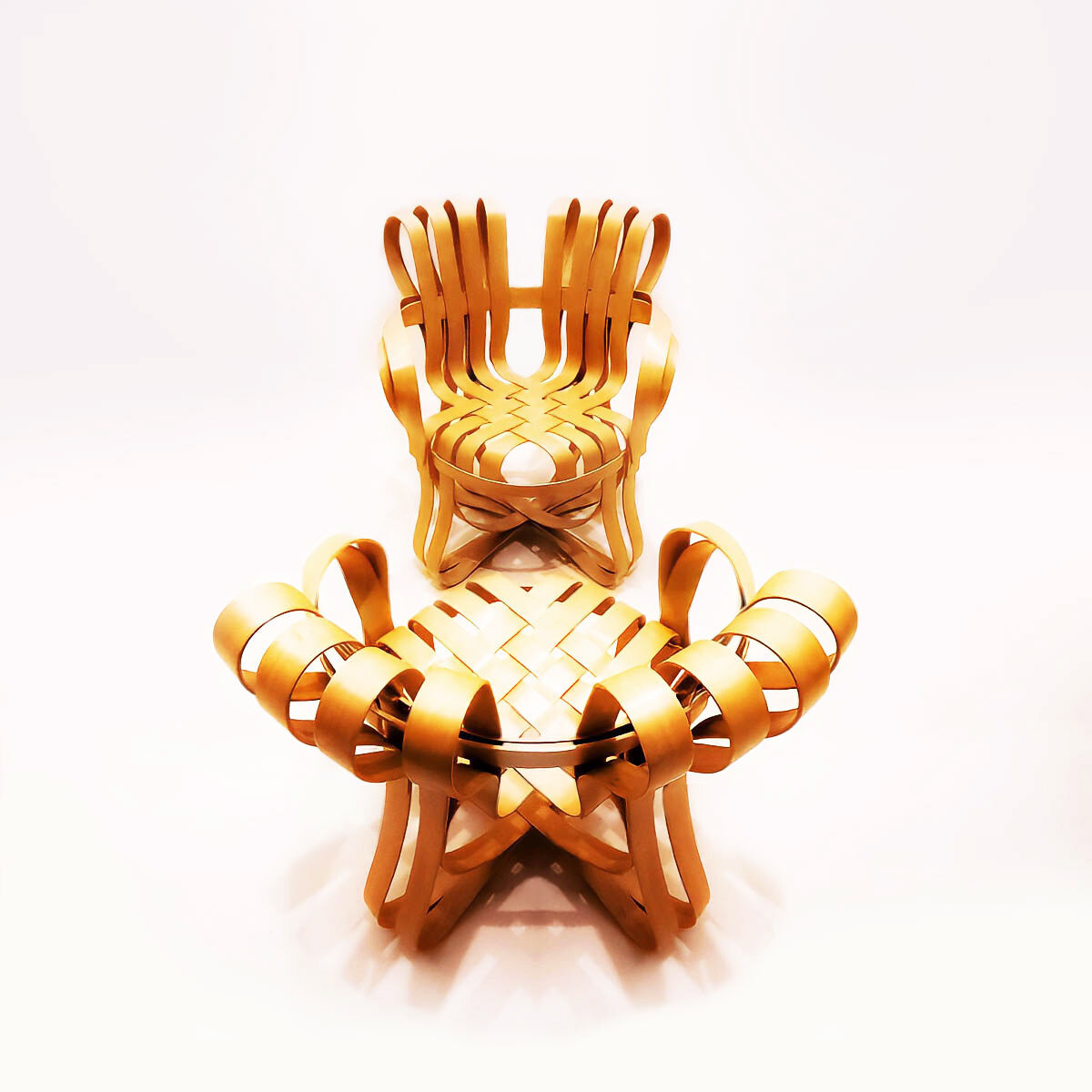 Frank Gehry dinette with 2 bentwood Cross Check chairs and a Face Off dining table for Knoll Inc.