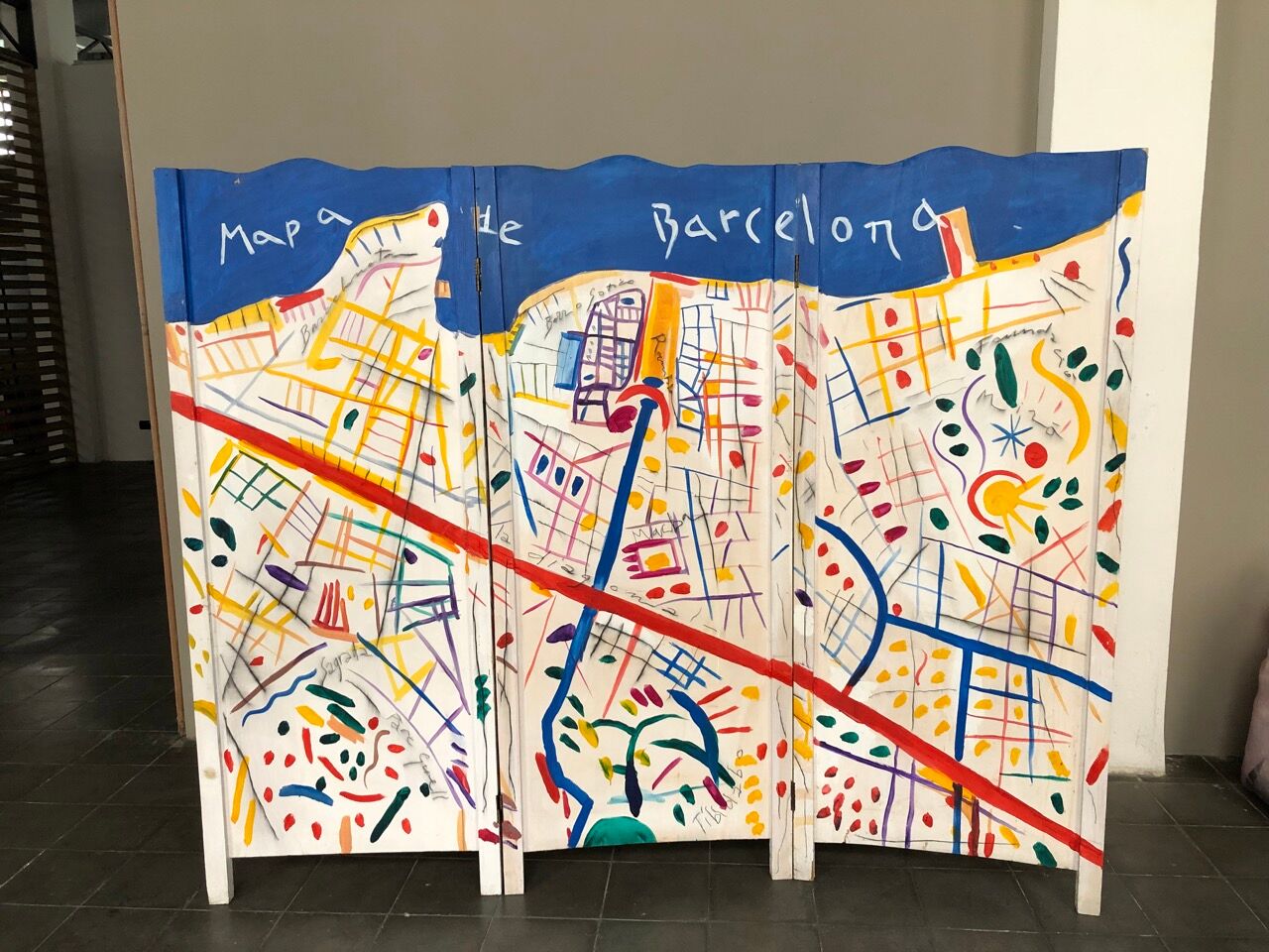 Painted wooden screen with the map of Barcelona 210 W x 170 H