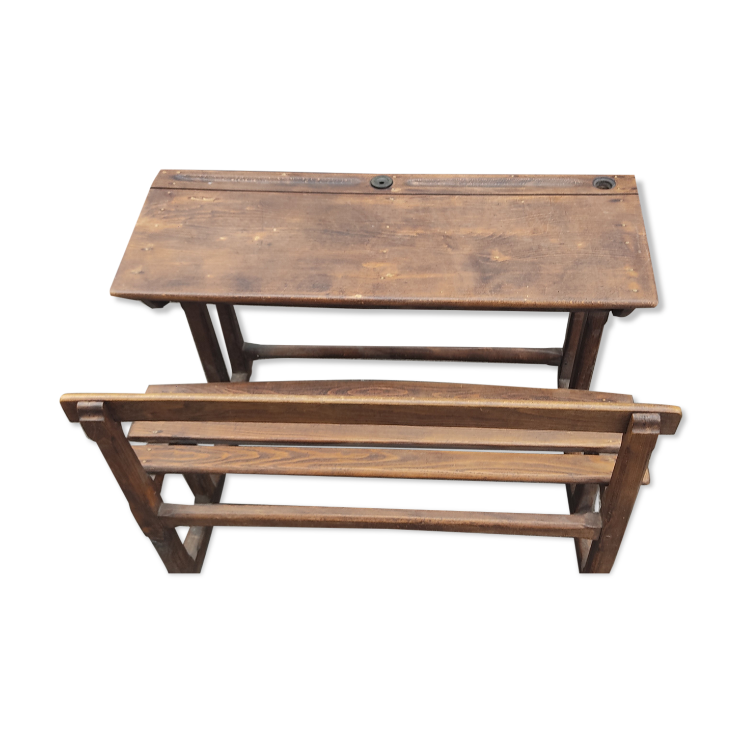 Ancien bureau pupitre d'écolier en bois vintage 1950