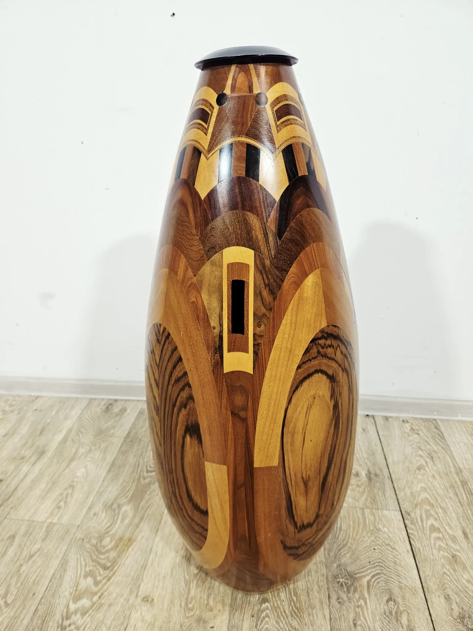 Monumental wooden floor vase / intarsia / wood mosaic / Africa / 1950s–1960
