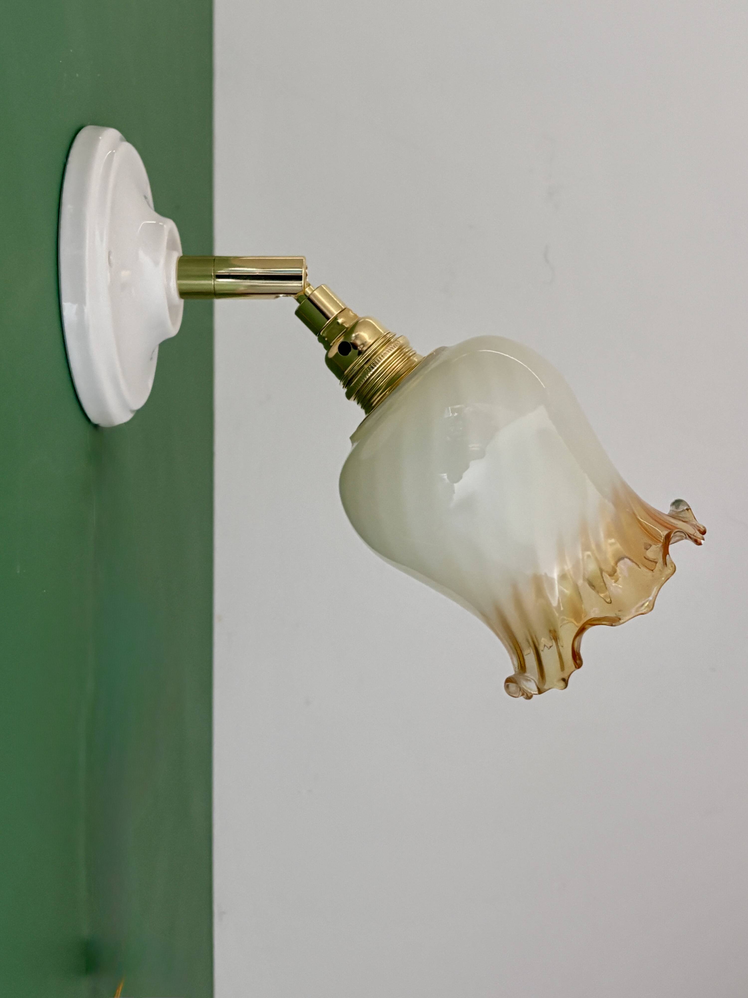 Vintage tulip wall light in white and amber glass