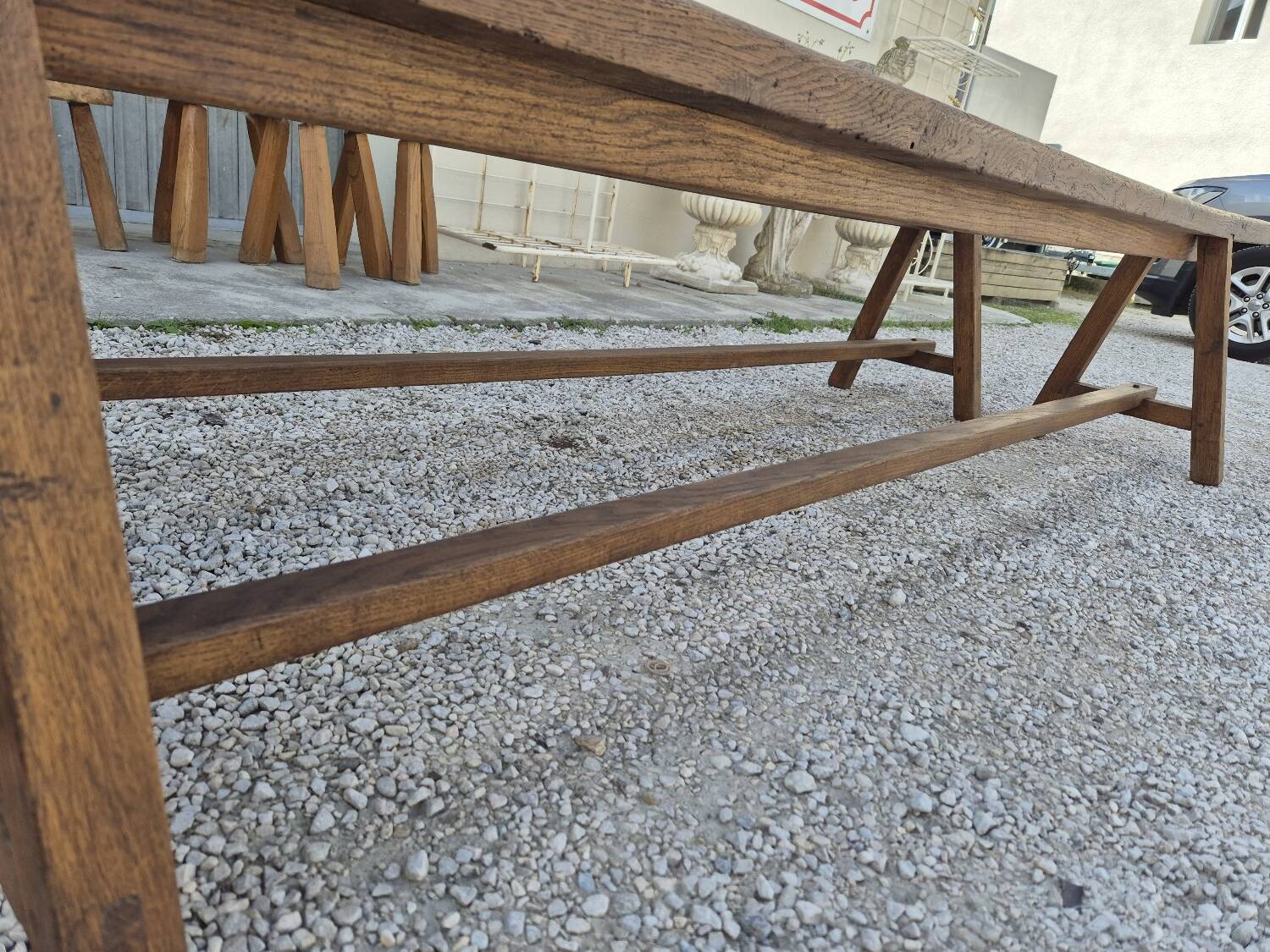 Pair of rustic solid oak farm benches 19th century - 2m90