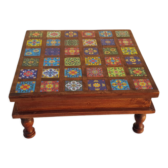 Square rosewood tea table with 36 small hand-painted ceramic tiles