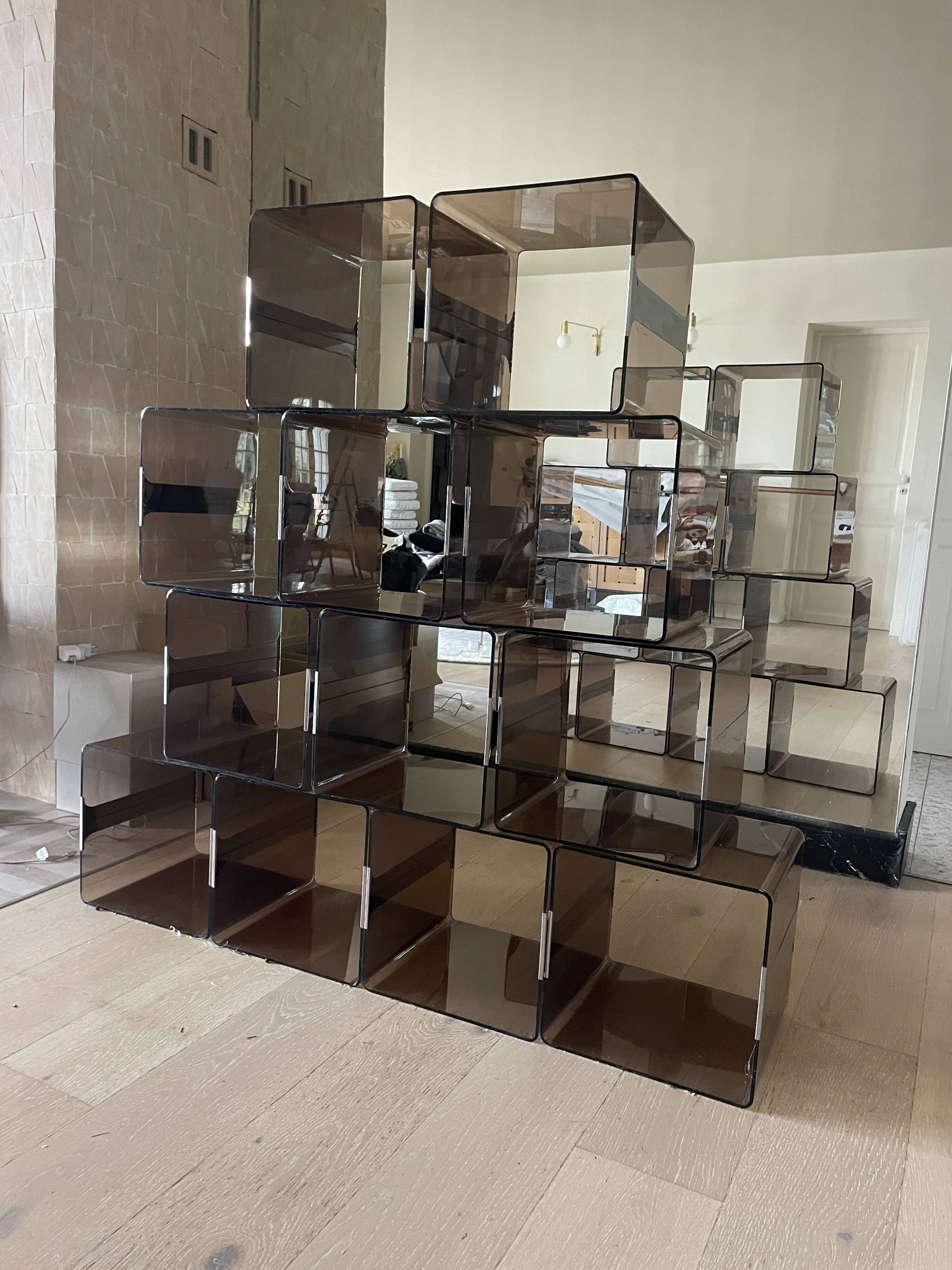 Set of 12 smoked plexi lockers and chrome insert by Michel DUMAS, 1970s