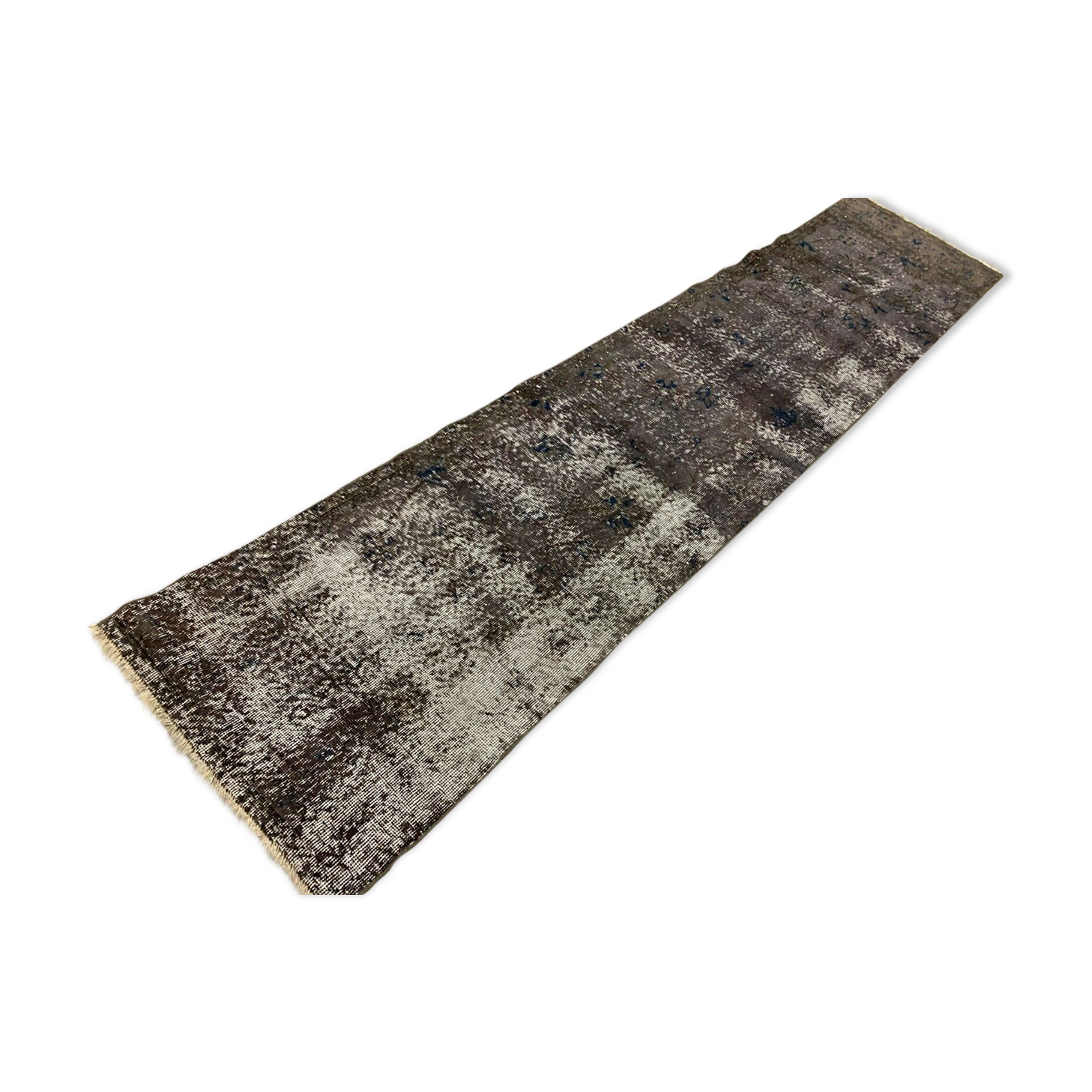 Distressed Turkish Narrow Runner 310x69 cm wool Vintage rug, Overdyed Grey