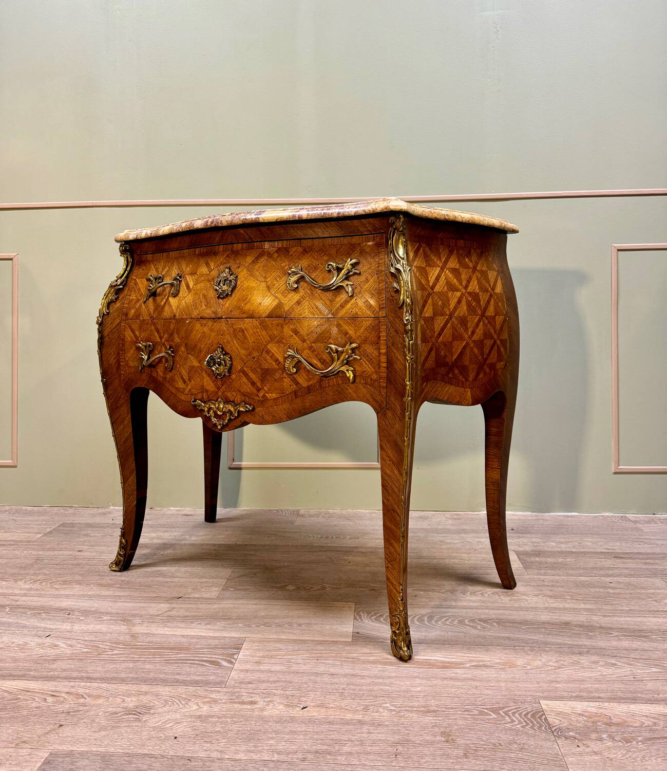 Curved sauteuse commode in stamped marquetry louis xv style xix eme century
