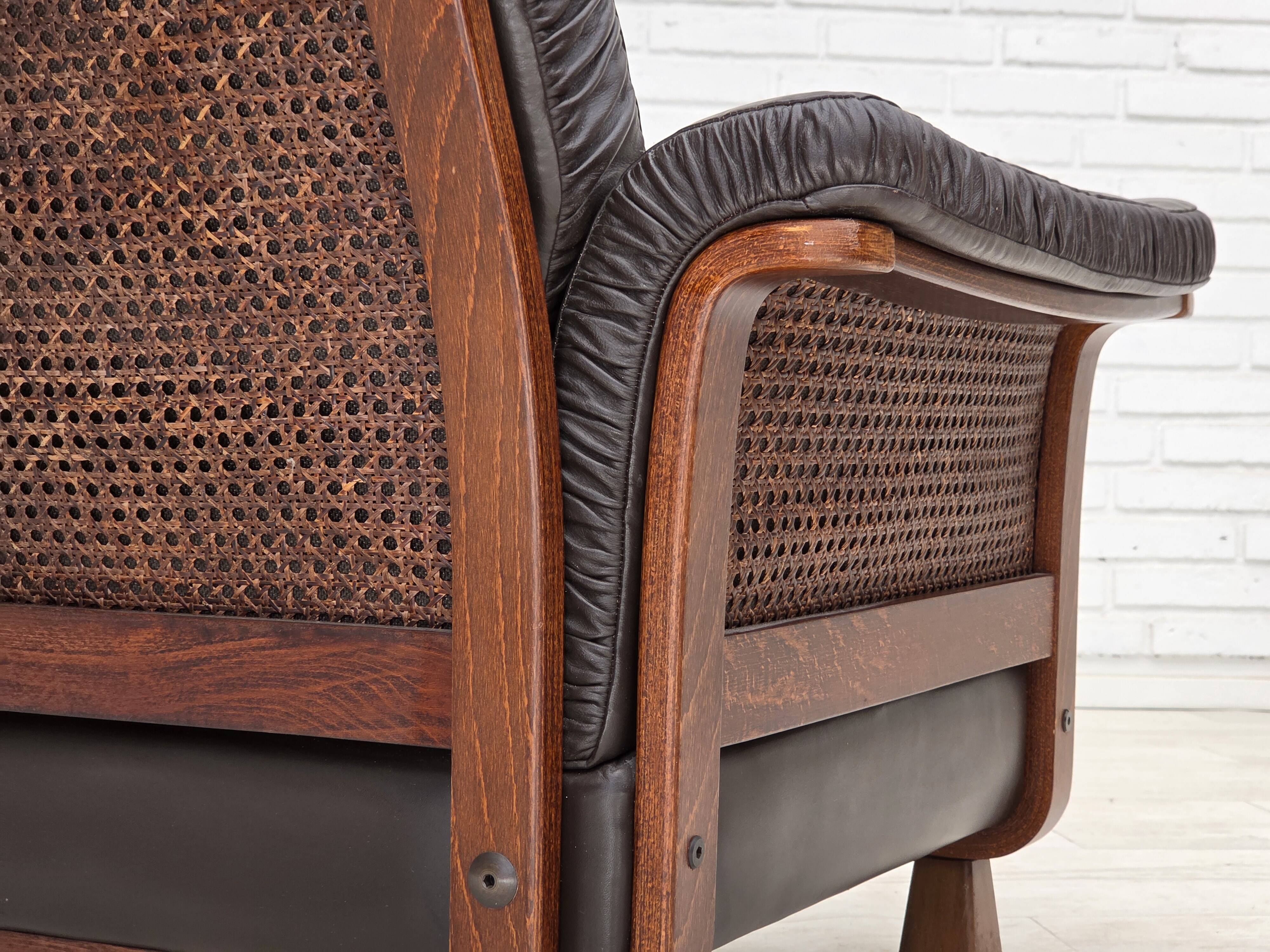 1970s, Scandinavian armchair, brown furniture leather, teak wood legs.