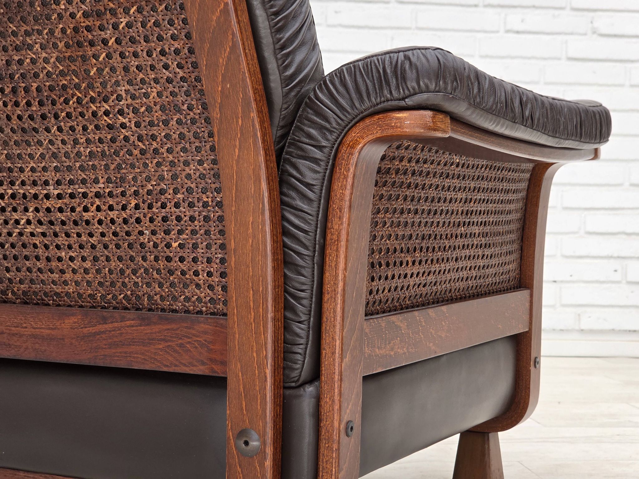 1970s, Scandinavian armchair, brown furniture leather, teak wood legs.