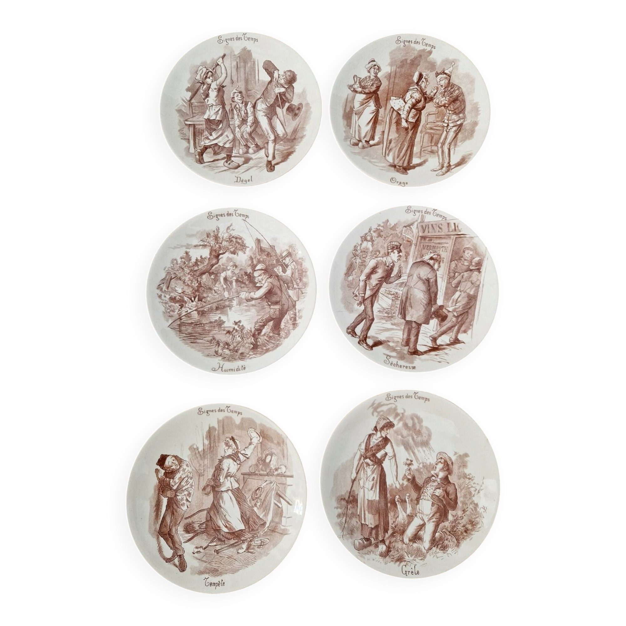Set of 6 earthenware plates from Sarreguemines U&C Signs of the Times.