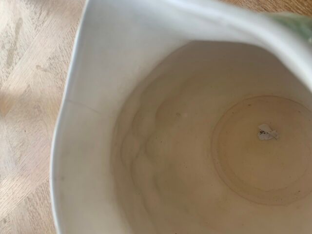 Pitcher, slurry carafe with fruit pattern, vintage glazed ceramic