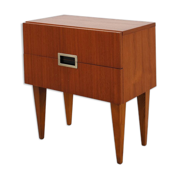 Table de chevet vintage en placage de teck avec 2 tiroirs, Belgique années 1950