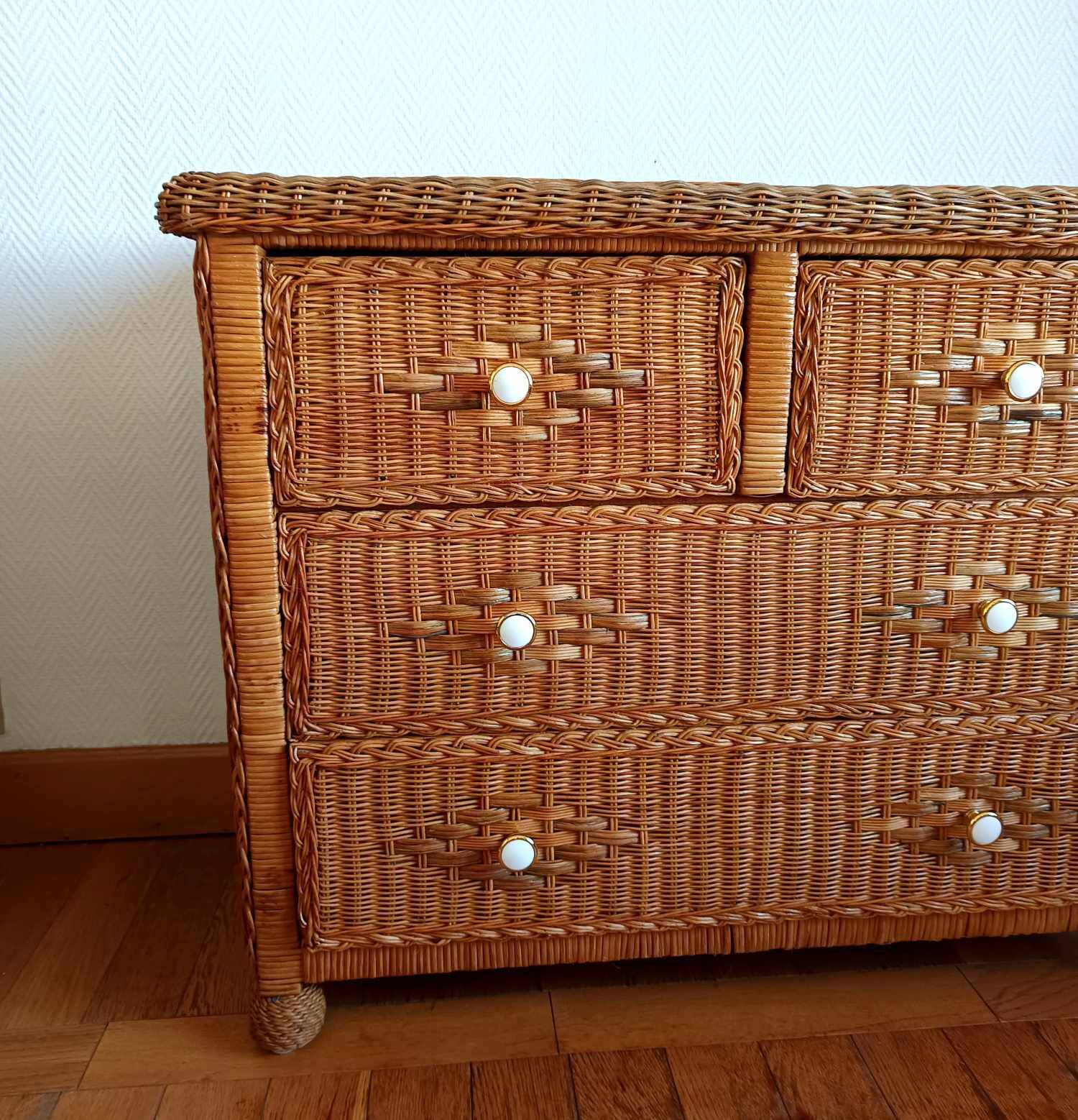 Commode en rotin vintage 1970
