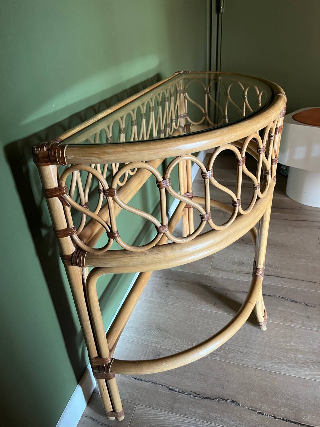 Vintage bamboo rattan half-moon console