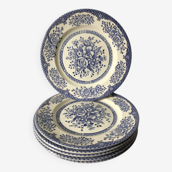 Set of 6 English flat plates, in ironstone ceramic, flower patterns