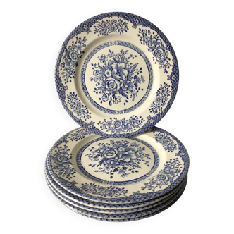 Set of 6 English flat plates, in ironstone ceramic, flower patterns