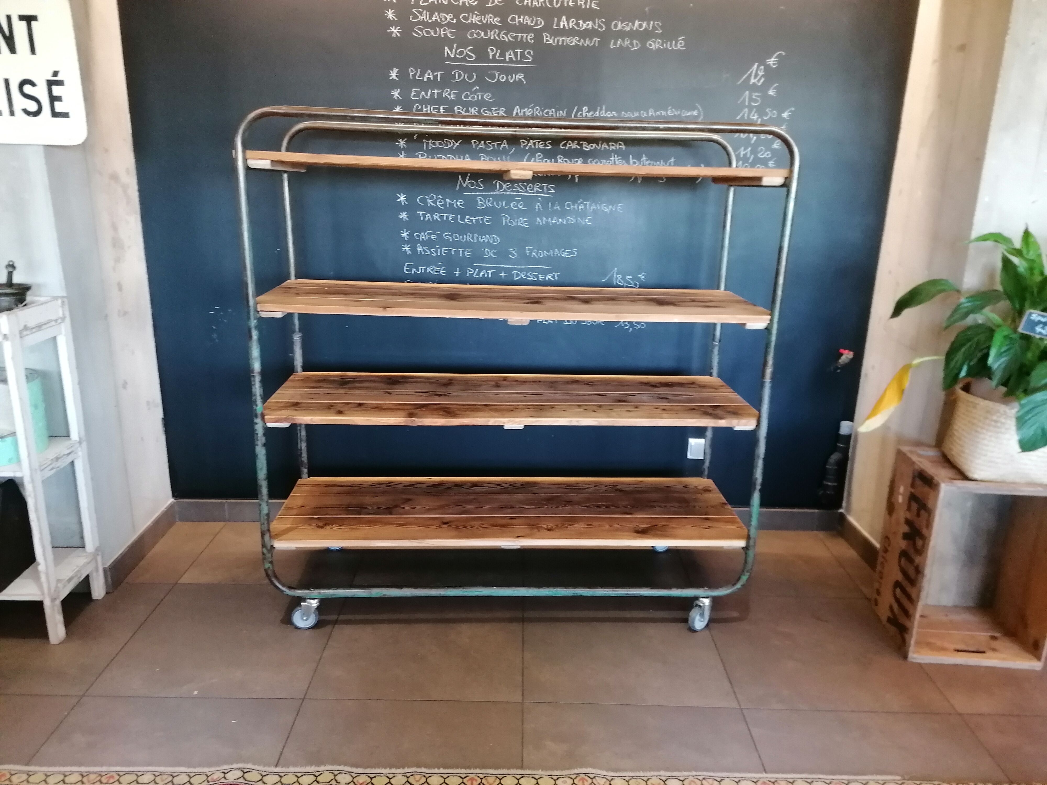 Steel and wooden shelf on wheels