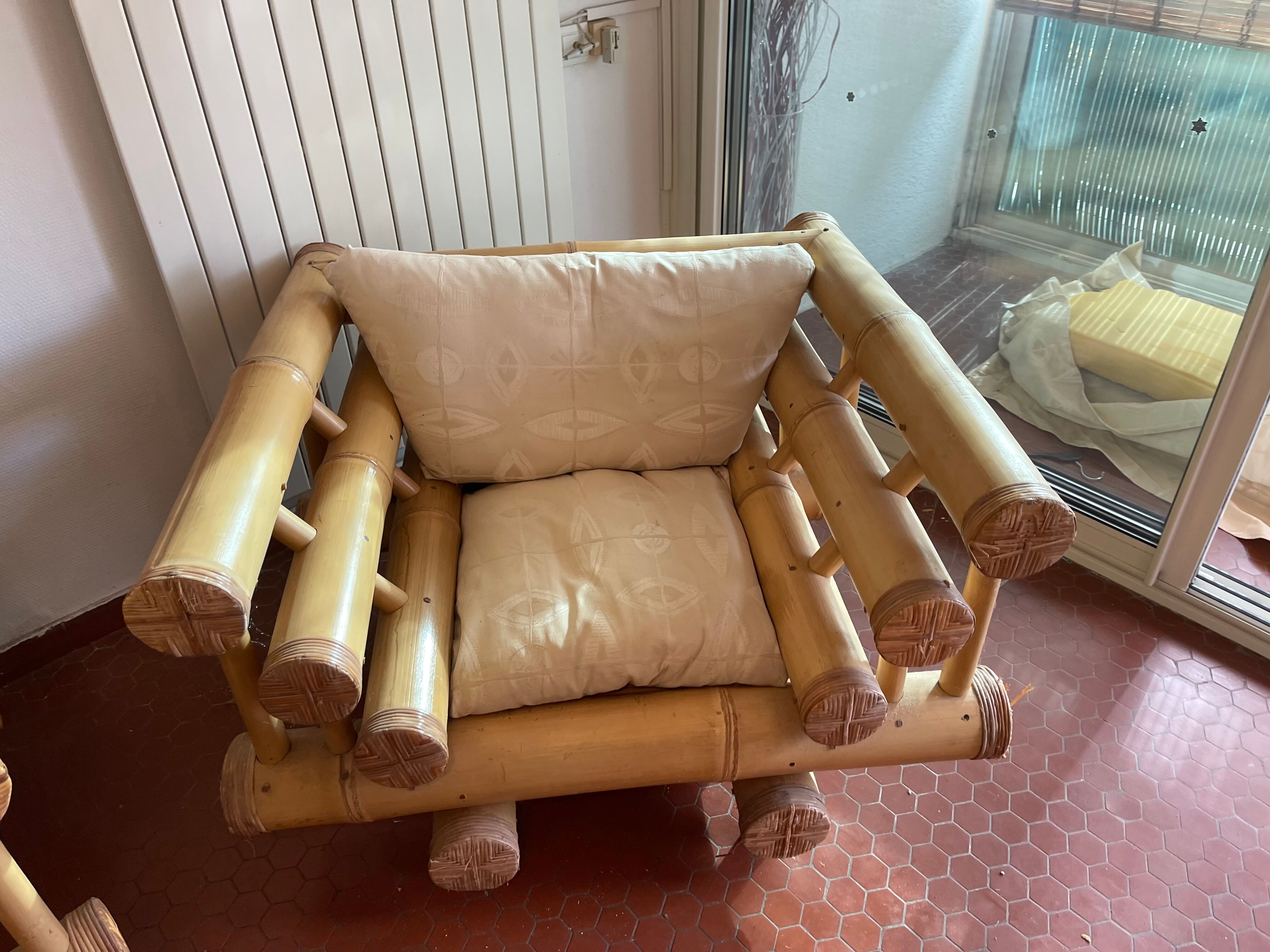 Set Sofa and 2 armchairs in large bamboo with cushions