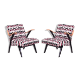 Paire de fauteuils multicolores du milieu du siècle fabriqués en Tchéquie dans les années 1950. Non restauré.