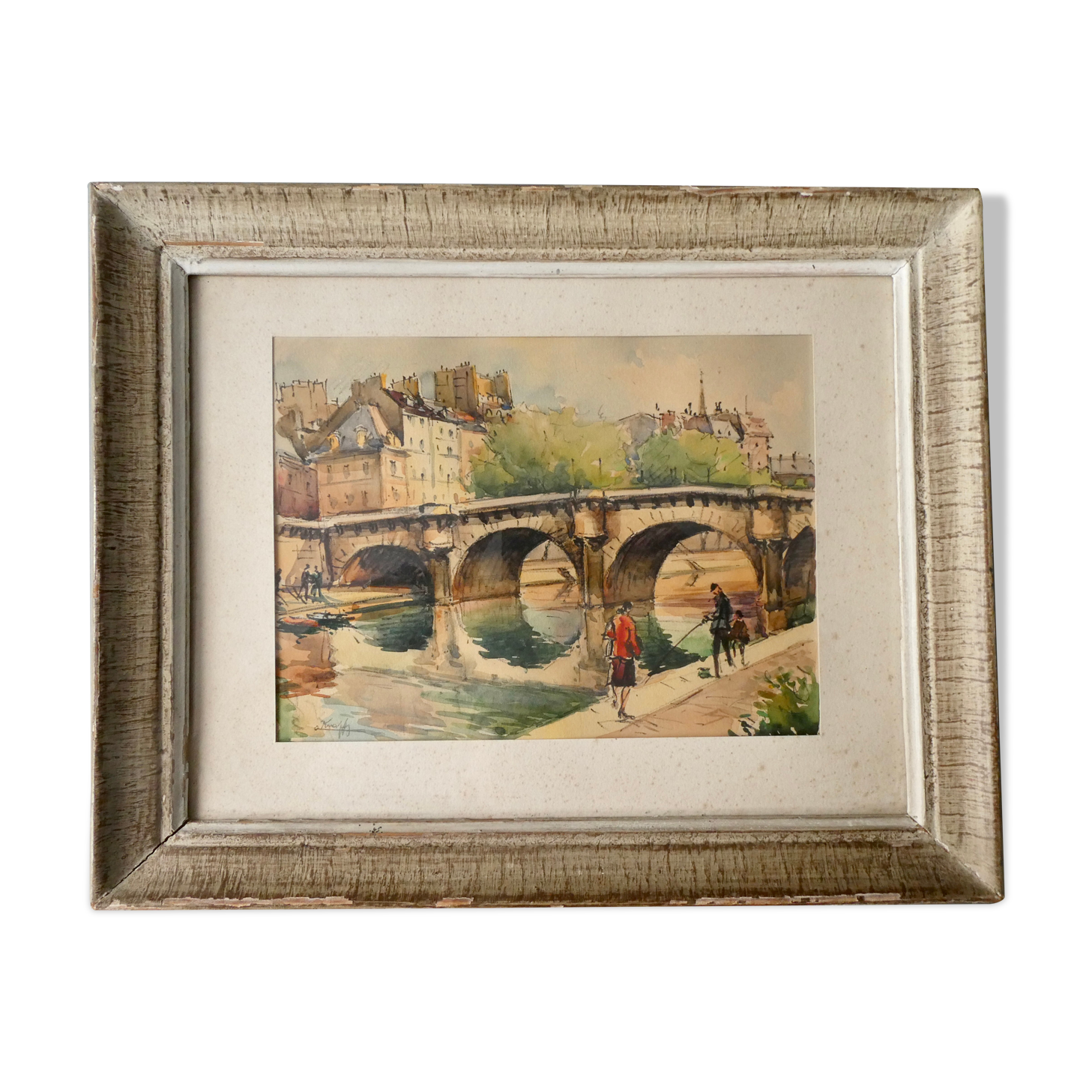 Engraving painting of the Pont Neuf in Paris, 50s