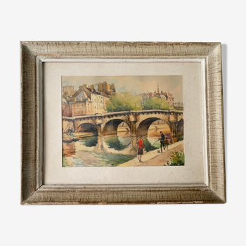 Engraving painting of the Pont Neuf in Paris, 50s