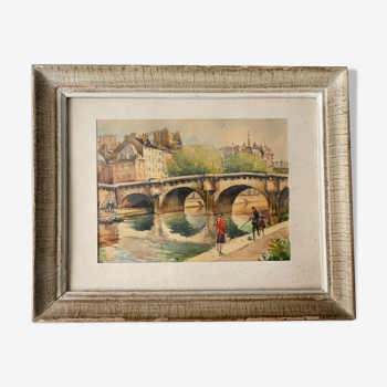 Tableau gravure du Pont Neuf à Paris, années 50