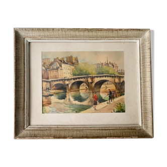 Tableau gravure du Pont Neuf à Paris, années 50