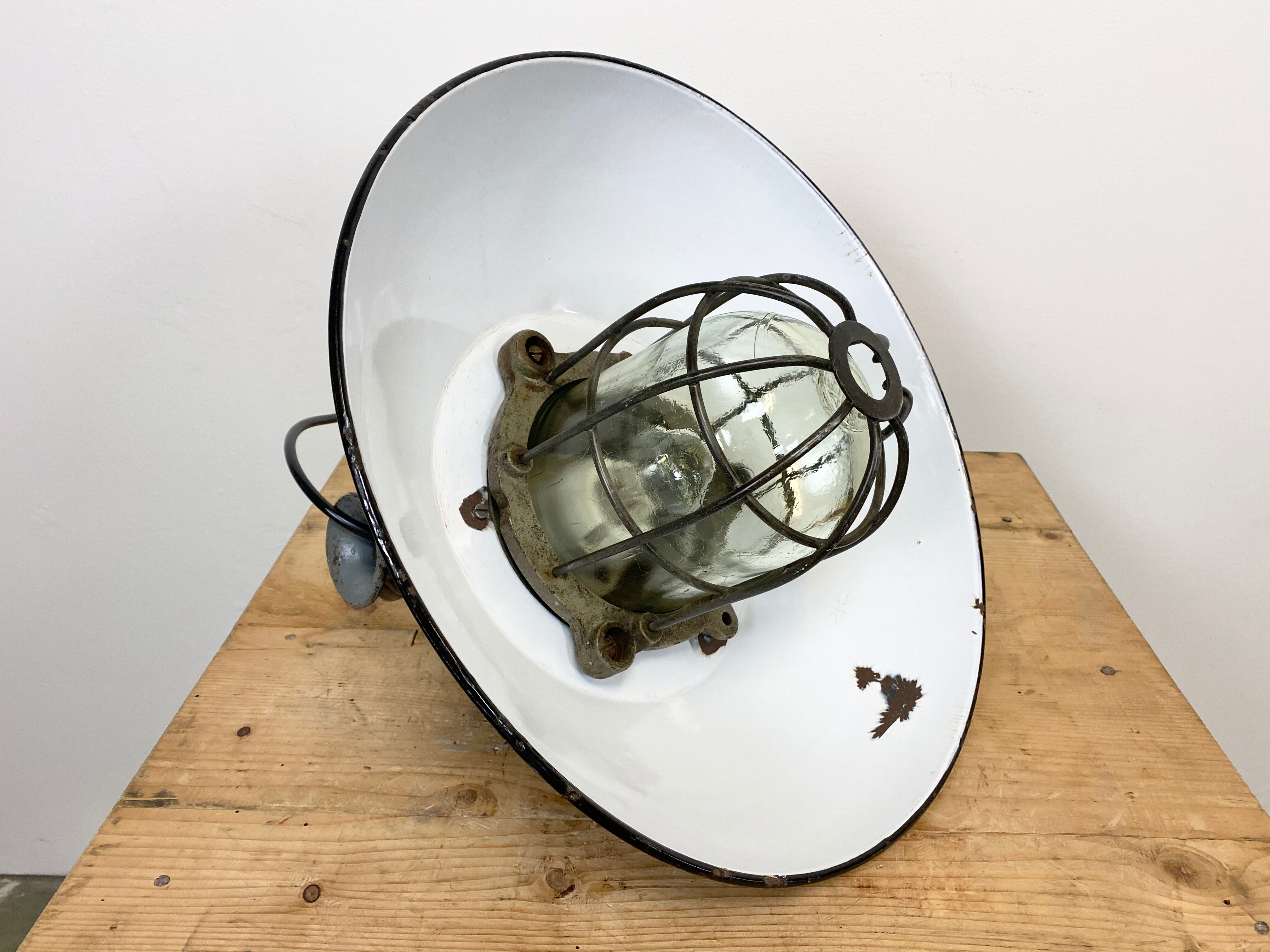 Black enamel and cast iron industrial cage pendant lamp, 1950