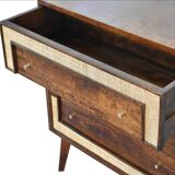 Mid-Century Modern Style Solid Mango Wood Chest of Drawers with Woven Rattan Accents - Close-knit Ch