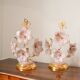 Vintage Murano table lamps, pink blown glass and gold details, pair.