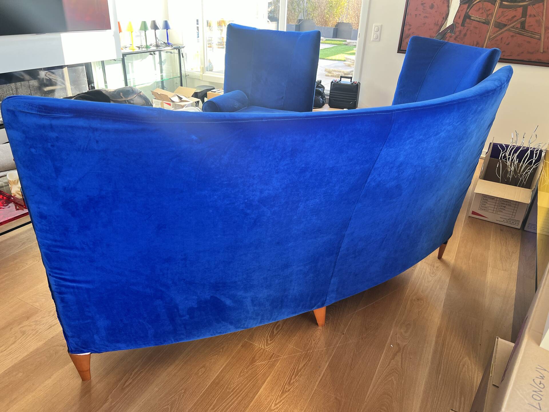 Blue velvet sofa Philippe Starck model Royalton