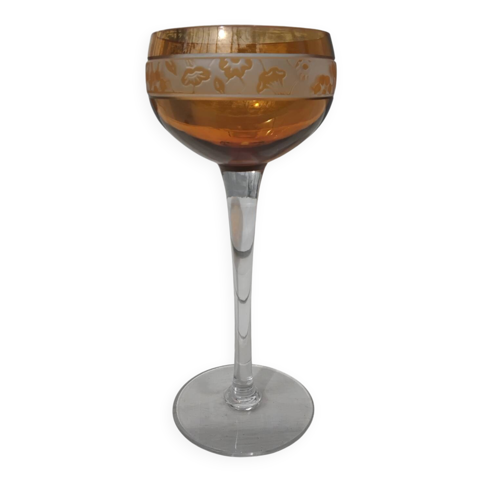 14cl Nancy Houillon crystal wine glass, amber lined, floral frieze