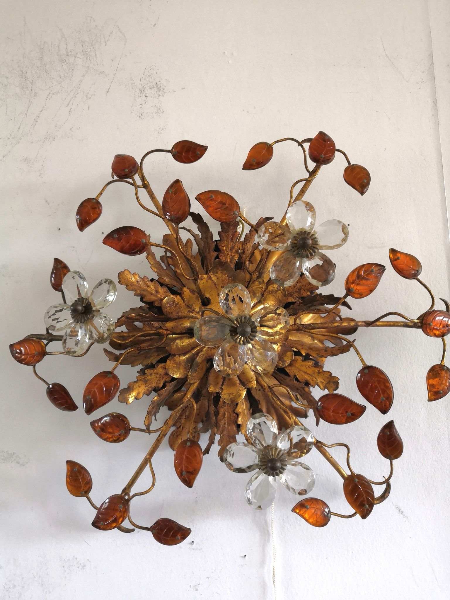 Italian ceiling lamp of Florence House Banci gilded and murano glasses design 70s