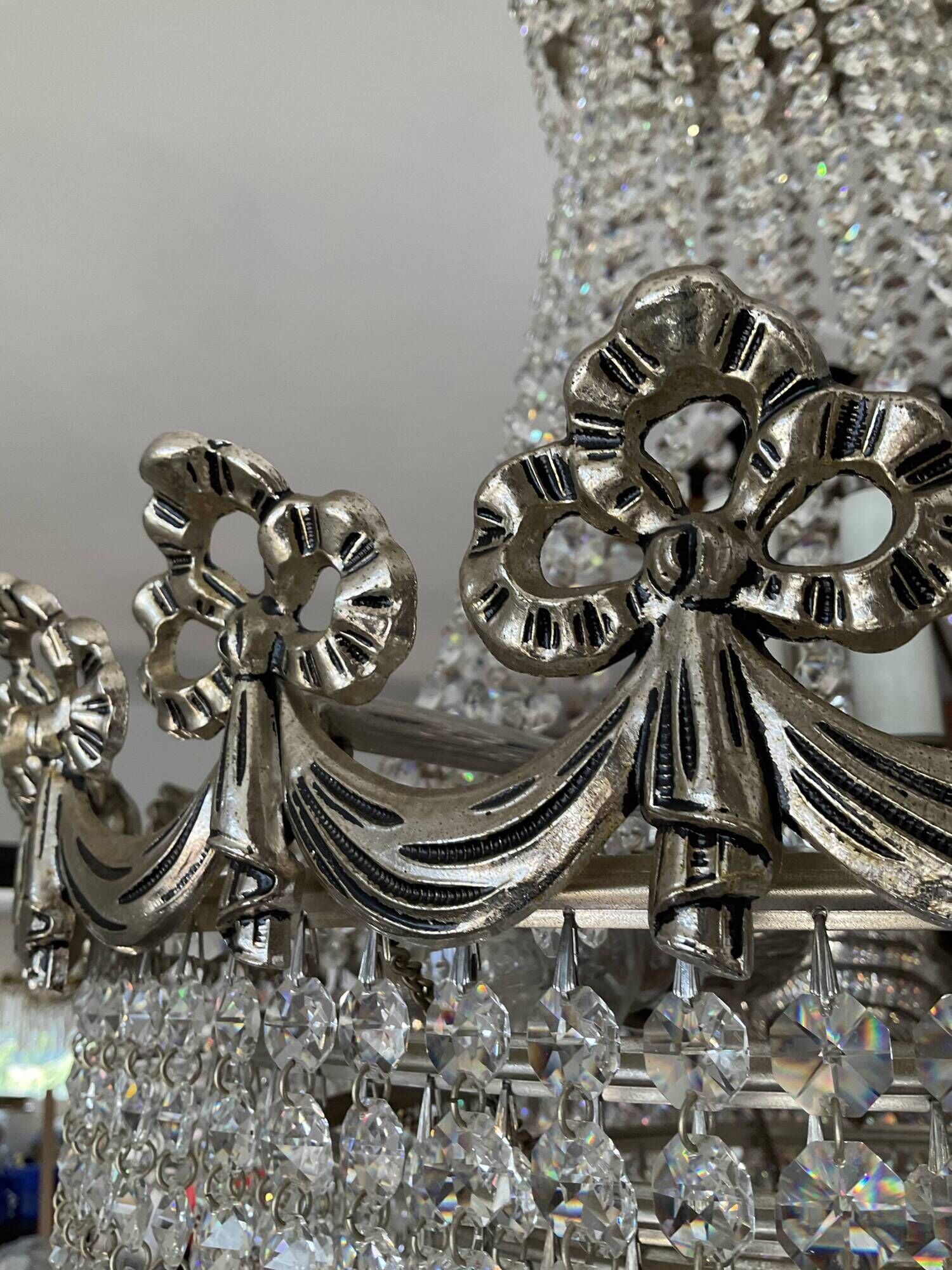 Hot air balloon chandelier in silver bronze and crystal tassels