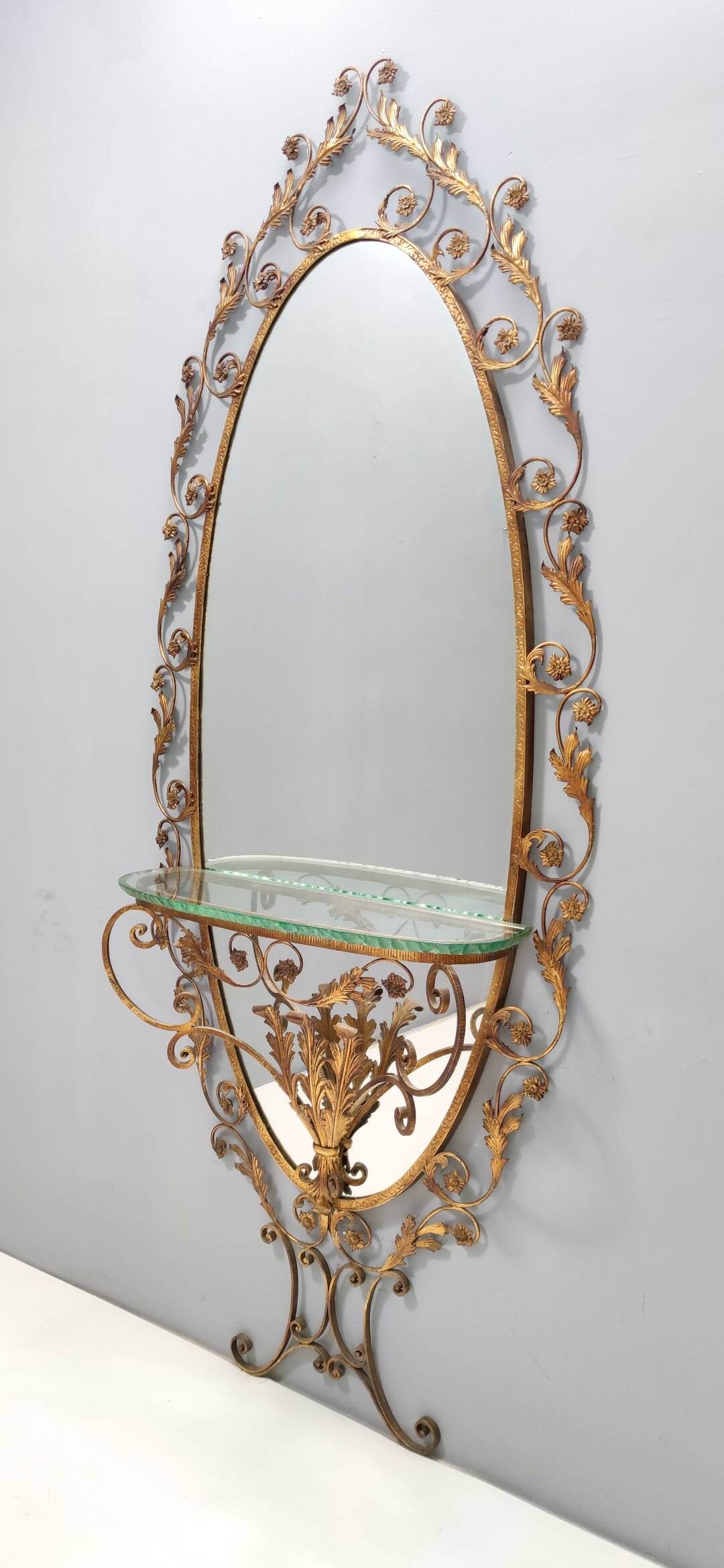 Entryway Mirror and Brass and Glass Console by Pierluigi Colli with Floral Frame