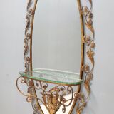 Entryway Mirror and Brass and Glass Console by Pierluigi Colli with Floral Frame